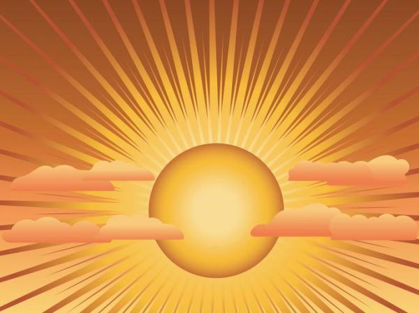 Illustration of a hot yellow sun with orange-yellow rays surrounding it and a few floating clouds